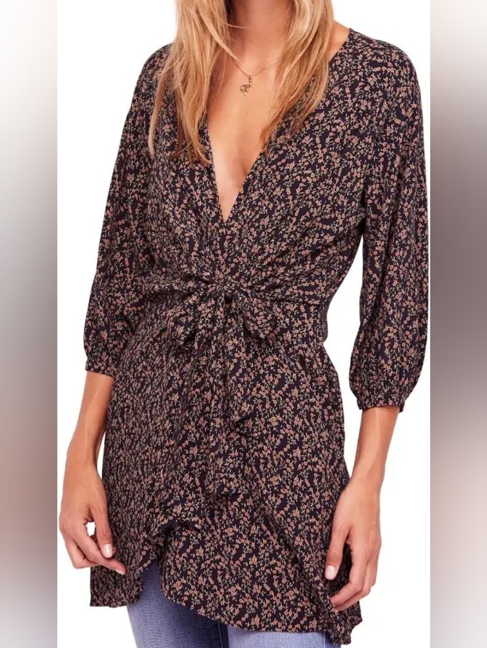 FP Clara Tie Front Floral Mini Tunic Dress